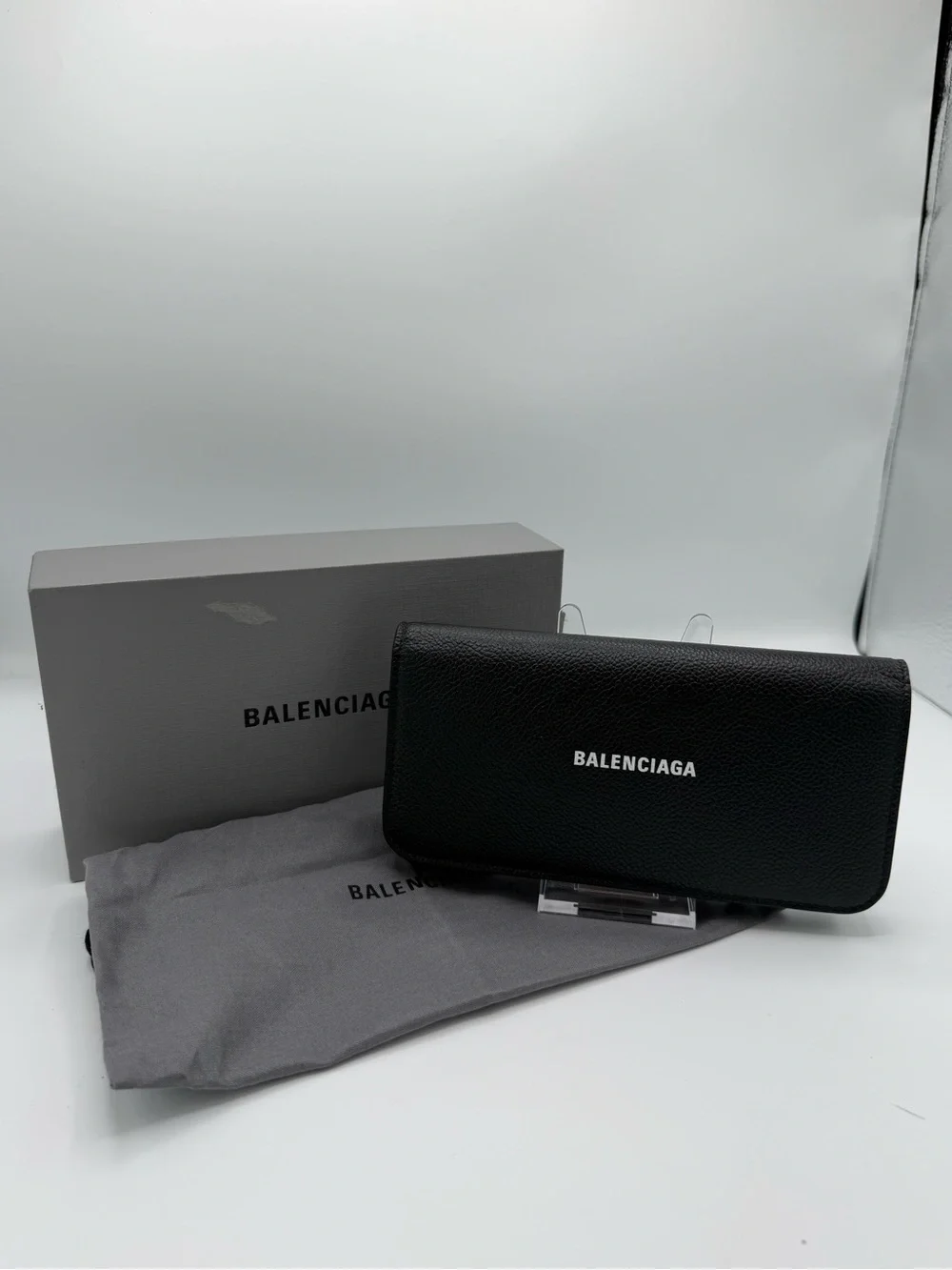 Balenciaga Black Pebbled Leather Long Wallet with White Logo